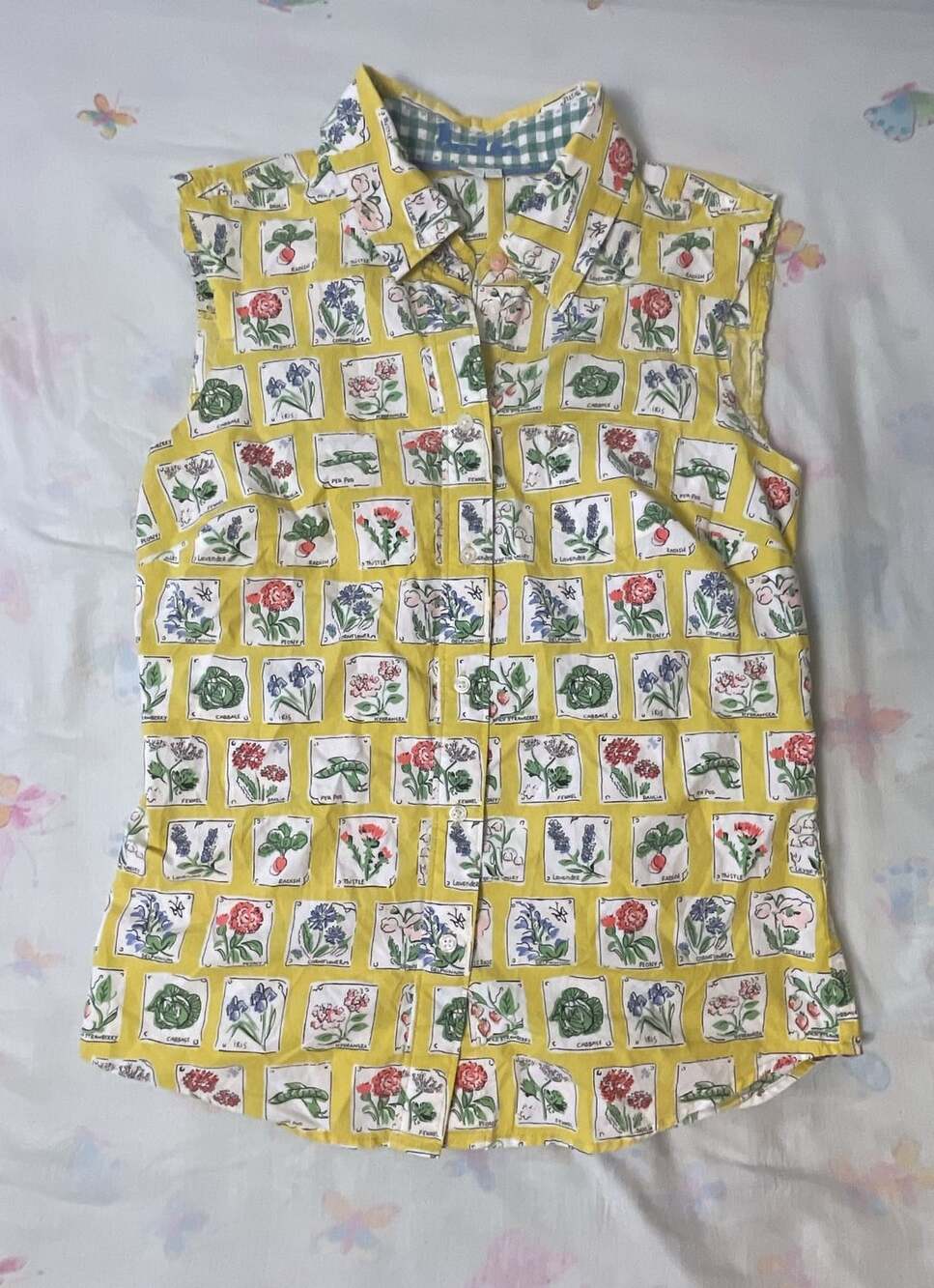 Boden Seed Packet Print Sleeveless Button-Down Shirt Size US 4R Yellow